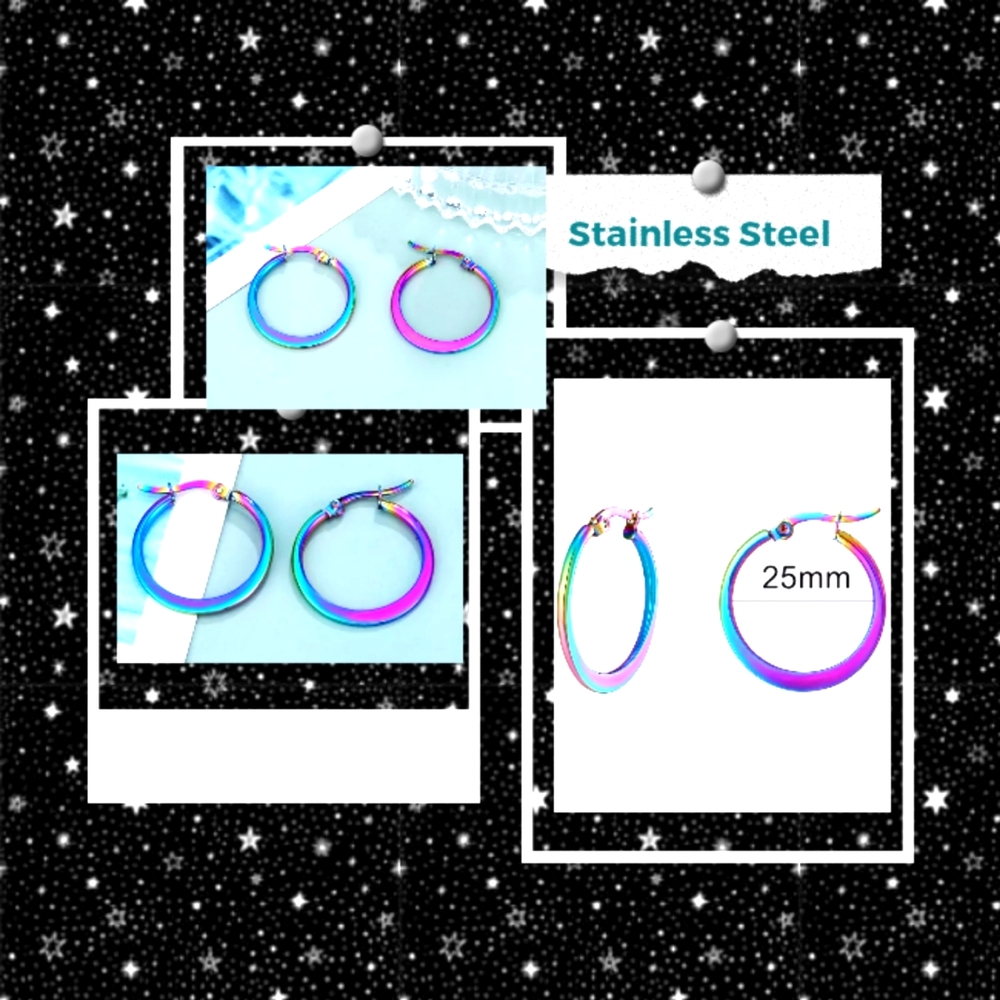 Rainbow Hoop Earrings Round Iridescent Earrings Stainless Steel NWT - Picture 3 of 4